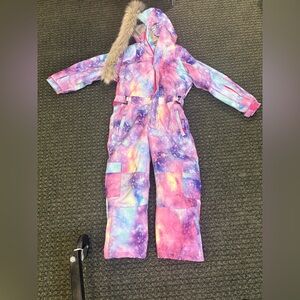 Girls Galaxy Print One Piece Snowsuit Faux Fur Hood Size 130 (7–8)